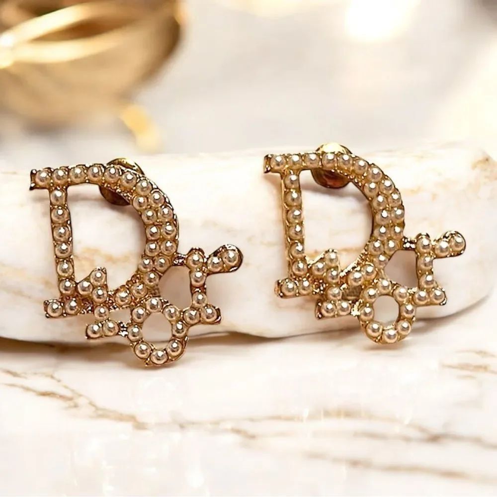 💎2/$30💎 Designer Inspired Pearl CD Gold Tone Stud Earrings